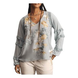 Tiny Anthropologie Frances Blouse Blue Floral Embroidered Long Sleeve Ruffled S